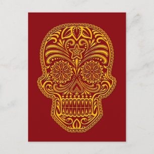 Postal Intrincado cráneo de azúcar amarillo en rojo