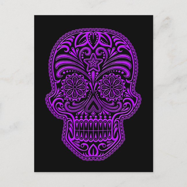 Postal Intrincado cráneo de azúcar morado en negro (Anverso)