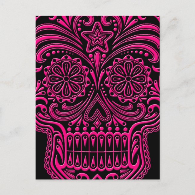 Postal Intrincado cráneo de azúcar rosado en negro (Anverso)