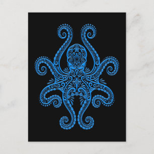 Postal Intrincado pulpo azul sobre negro