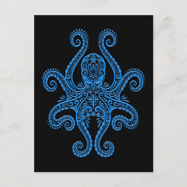 Postal Intrincado pulpo azul sobre negro (Anverso)