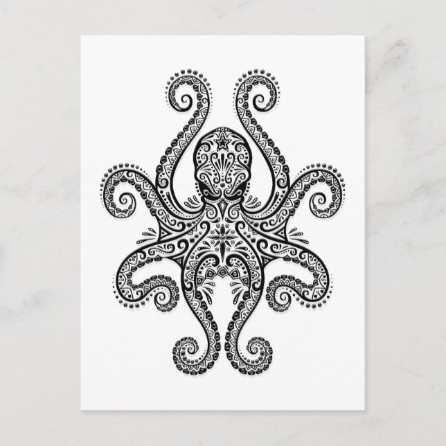 Postal Intrincado pulpo negro sobre blanco (Anverso)