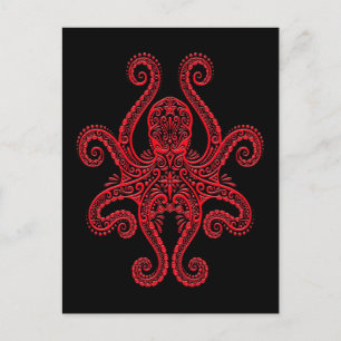 Postal Intrincado pulpo rojo sobre negro
