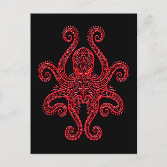 Postal Intrincado pulpo rojo sobre negro (Anverso)