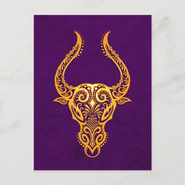 Postal Intrincado Tauro Amarillo Zodiac sobre morado (Anverso)
