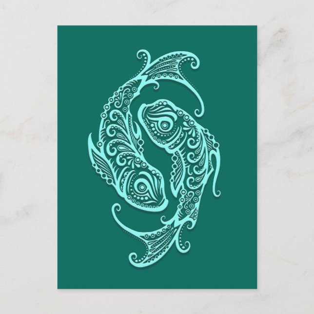 Postal Intrincado Verde azulado Blue Pisces Zodiac (Anverso)
