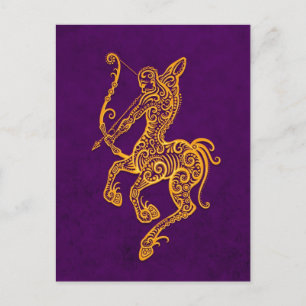 Postal Intrincado Zodiaco Sagittarius Amarillo en Púrpura