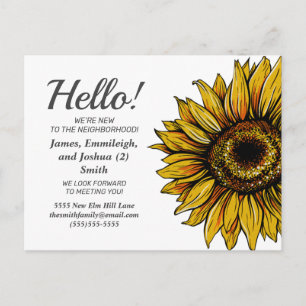 Postal Introducción de nuevos vecinos con girasol rústico