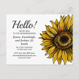 Postal Introducción de nuevos vecinos con girasol rústico