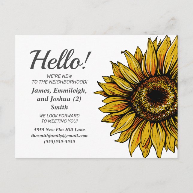 Postal Introducción de nuevos vecinos con girasol rústico (Anverso)