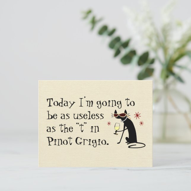 Postal Inútil como la T en Pinot Grigio Funny Wine (Anverso de pie)