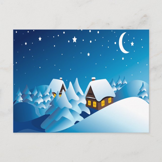 Postal Invierno, casa, noche, luna y estrellas (Anverso)