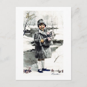 Postal Invierno Chica francés vintage