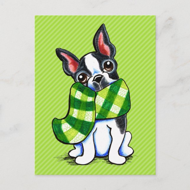 Postal Invierno de Boston Terrier Plaid Scarf (Anverso)