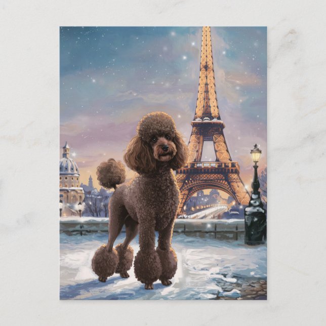 Postal Invierno de caniche marrón en París pintura (Anverso)