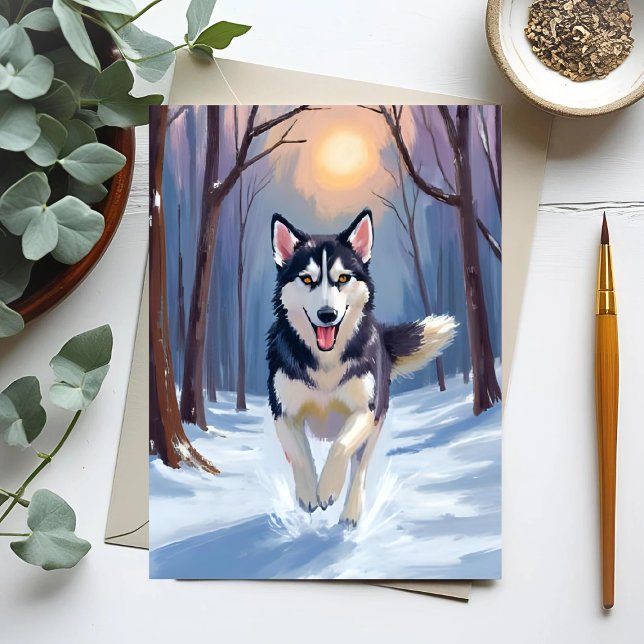 Postal Invierno de la pintura de perro Husky Siberiano (Subido por el creador)