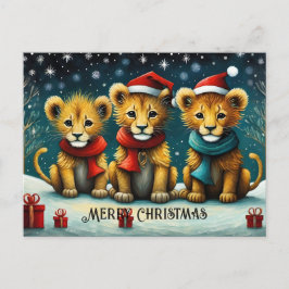 Postal Invierno de nieve cute a Santa Bebé leones Navidad