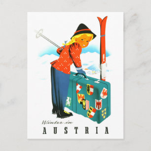 Postal Invierno en Austria, chica de esquí con maleta gra