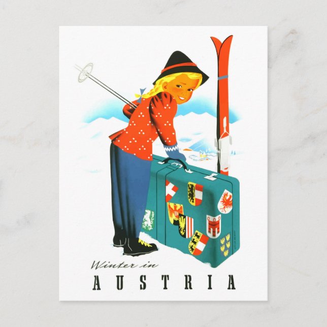 Postal Invierno en Austria, chica de esquí con maleta gra (Anverso)