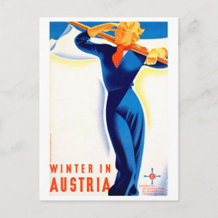 Postal Invierno en Austria, chica esquí, viaje vintage