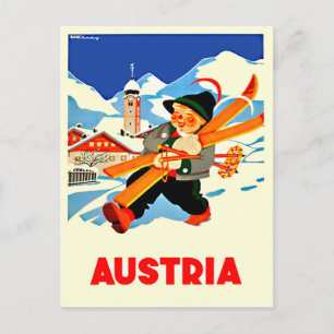 Postal Invierno en Austria. Hombre feliz va a esquiar