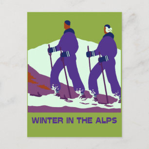 Postal Invierno en los Alpes arte pop retro