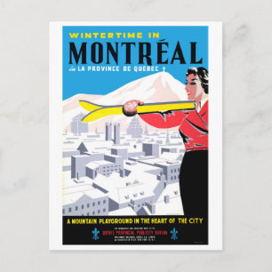 Postal Invierno en Montreal, mujer con equipo de esquí