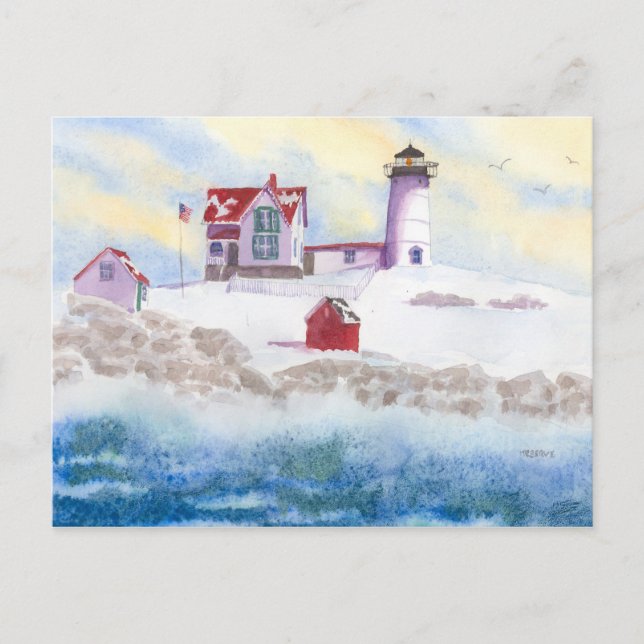 Postal invierno en Nubble LIghthouse en Maine Post Card (Anverso)