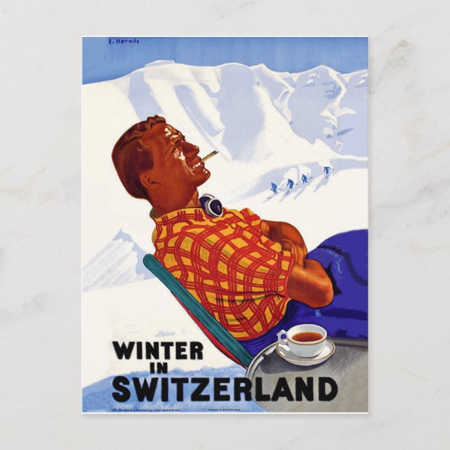 Postal Invierno en Suiza el hombre disfruta al sol (Anverso)