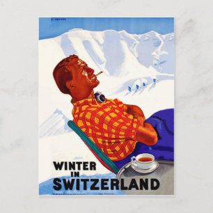 Postal Invierno en Suiza hombre disfruta al sol