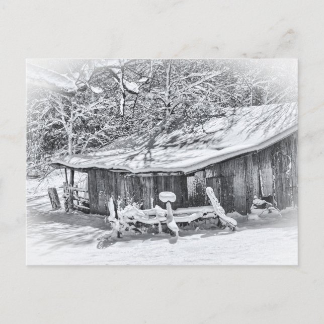 Postal Invierno Escenario Rural Vintage Barn & Rake | Ten (Anverso)