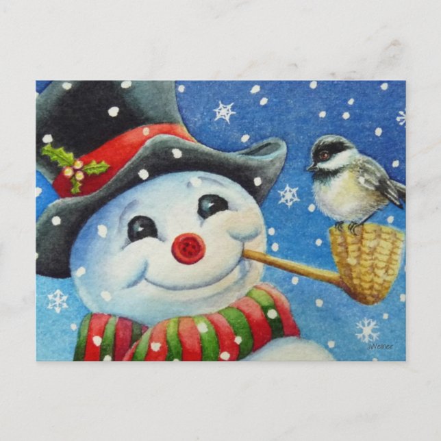 Postal Invierno Snowman y arte acuático de aves de pollo (Anverso)