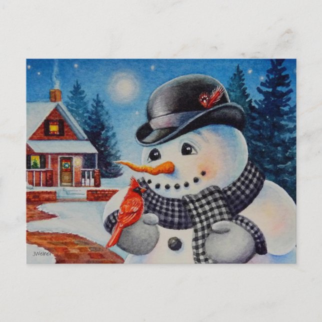 Postal Invierno Snowman y el Cardenal Rojo Bird Watercolo (Anverso)
