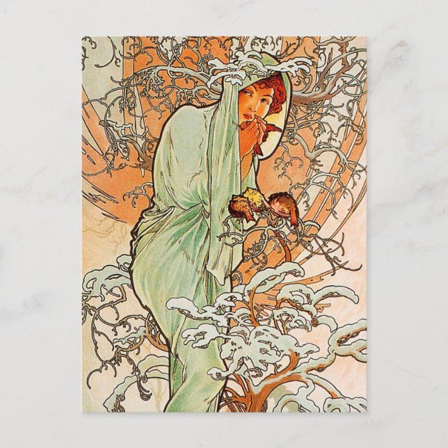 Postal Invierno vintage de Alphonse Mucha (Anverso)