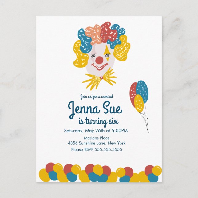 Postal Invita de Cumpleaños de Carnaval Dibujada a Mano d (Anverso)