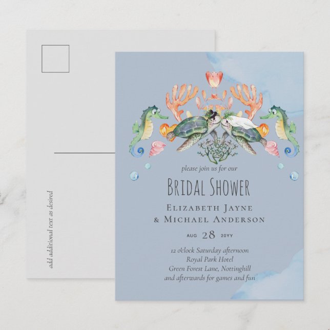 Postal Invitan a Boda de novias a bañarse con tortuga mar (Anverso / Reverso)
