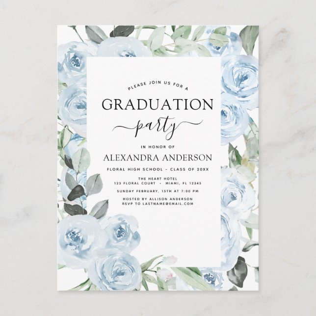 Postal Invitat 2024 Dusty Blue Graduation Floral Greenery (Anverso)