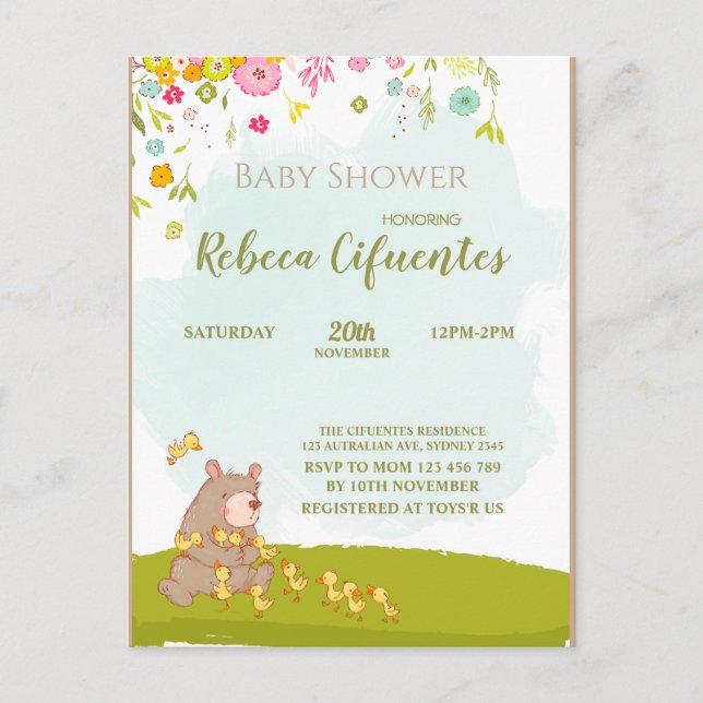 Postal Invitation Baby Shower Bear and duckies (Anverso)
