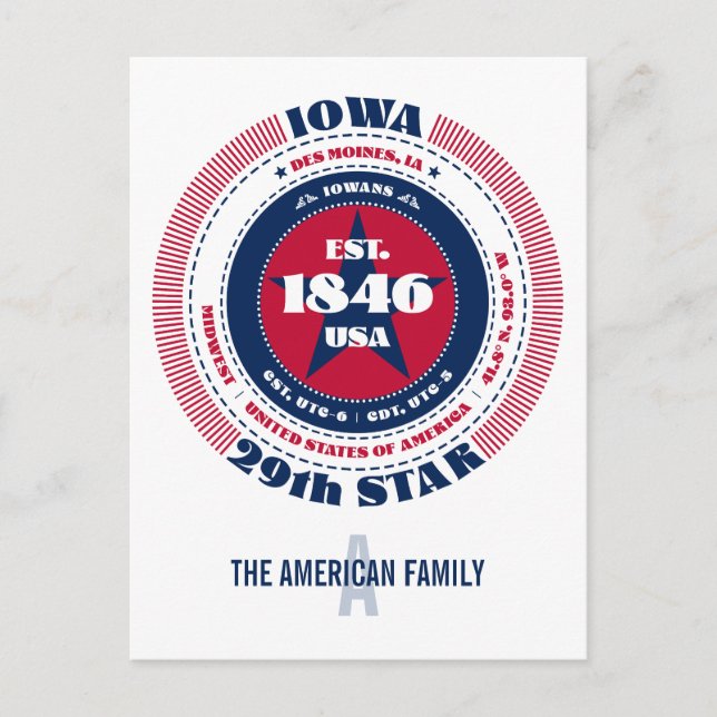 Postal Iowa, Des Moines, IA, Patriótico, Monograma (Anverso)
