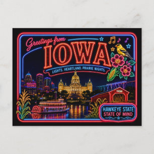 Postal Iowa Neon Estado Retro Vintage