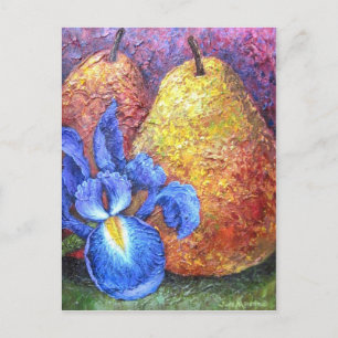 Postal Iris Azul Y Fruit Pear Pintura Art - Multi