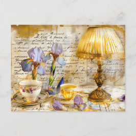 Postal Iris Blooms with Teacup and Vintage Lamp shabby 