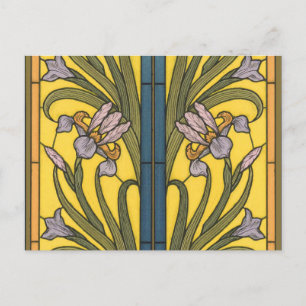 Postal Iris Flor Art Nouveau Vidrio Manchado Oro Azul