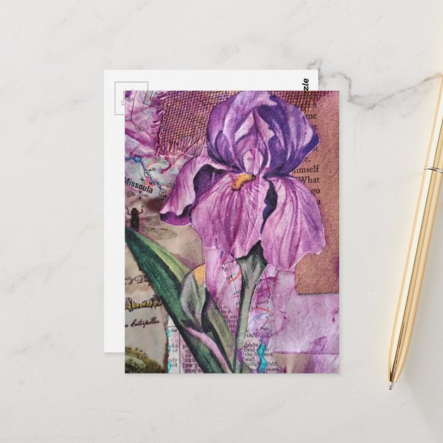 Postal Iris Flower mixed media collage Postcard (Anverso/Reverso In Situ)