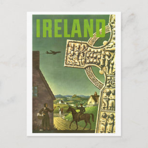 Postal Irlanda pueblo, cruz celta, viaje vintage