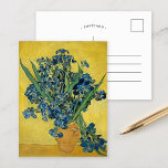 Postal Irlandeses | Vincent van Gogh<br><div class="desc">Irises (1890) de Vincent van Gogh es una vida todavía cautivadora que cuenta con un ramo vibrante de iris morados que se exhiben en un jarrón con un fondo amarillo brillante. La composición dinámica pone de relieve el dominio de Van Gogh de los colores complementarios, creando un sorprendente contraste entre...</div>