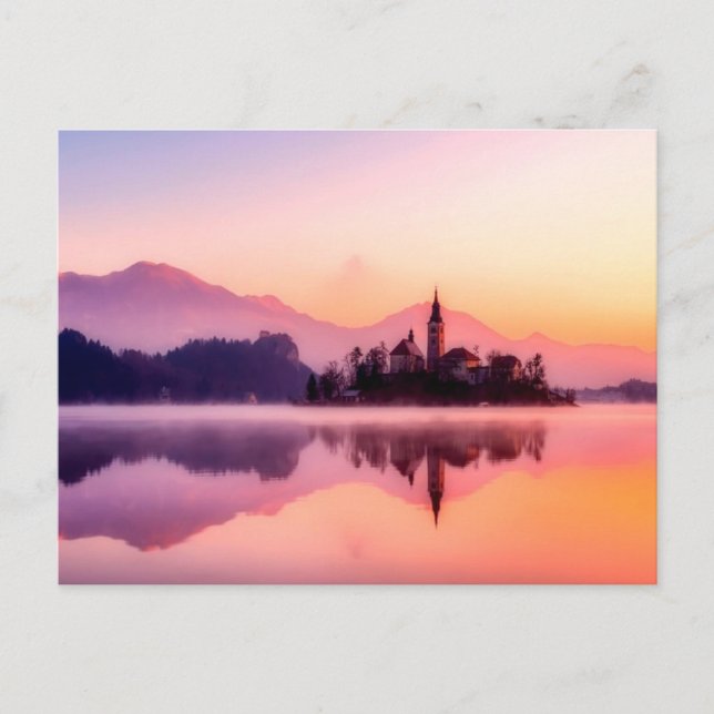Postal Isla Bled en lago Bled Eslovenia al amanecer (Anverso)