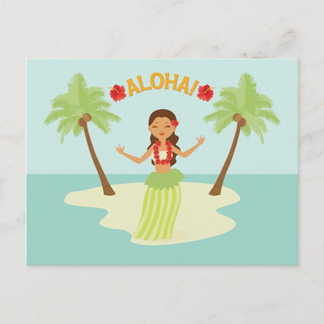 Postal Isla Cute Hawaiana Hula Chica Luau Palm Trees (Anverso)