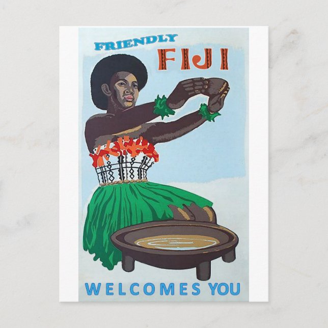 Postal Isla de Fiyi, mujer nativa con bienvenida tradicio (Anverso)