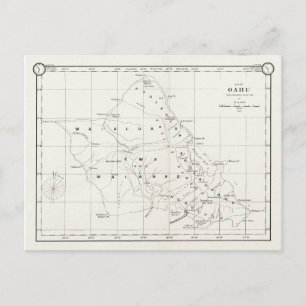 Postal Isla de Oahu, Hawaii, Mapa de Vintage 1887